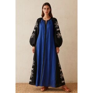 ELEVEN MARCH11 Women's Blue Black Embroidered Linen Maxi Dress Boho-  Size XS